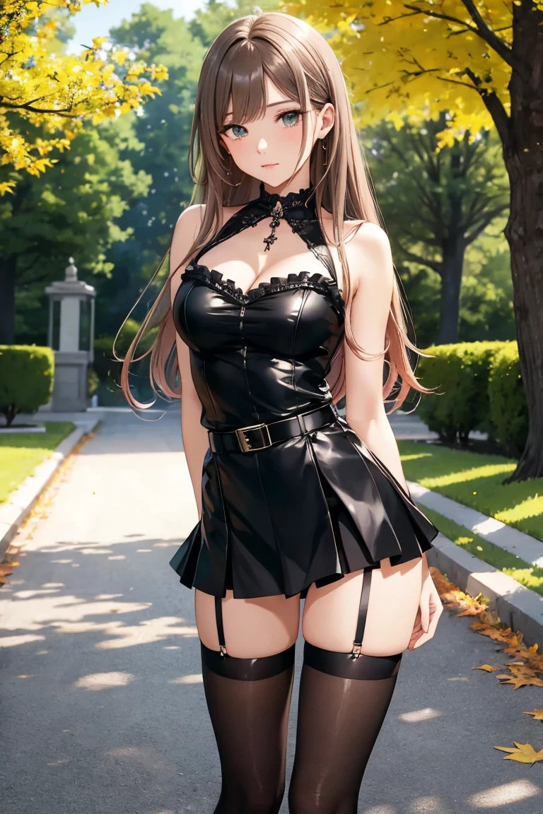 Minami Kotori, One side up, Hair Ribbon, masterpiece, top quality, high resolution, unity 8k wall paper, illustration, detailed eyes, extra detailed face, Highly detailed CG, glossy lips, light makeup, standing, necklace, (garden), strapless corset, thigh highs