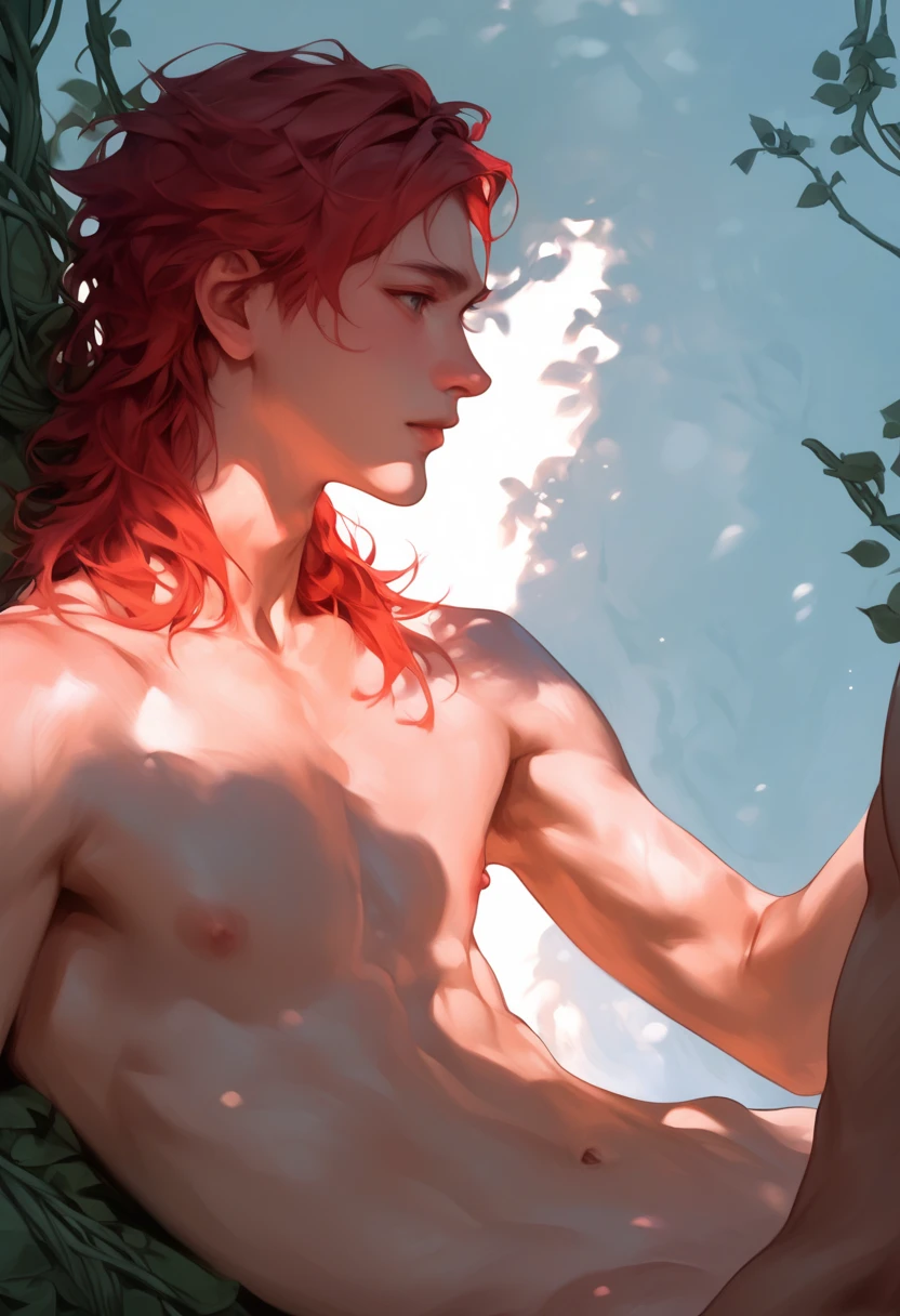 masterpiece, Best quality, A high resolution, high detail, young thin guy elf, with red curly hair and green eyes, with freckles, embarrassed and happy guy, lying naked on the ground, with spread legs and vagina in the forest, surrounded by monsters with big dicks, ready to fuck him