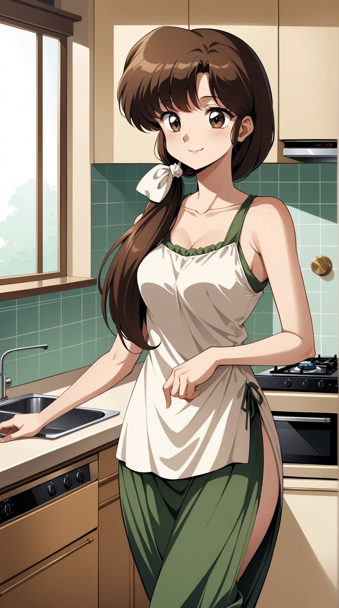 naked apron, kitchen, Enoch Bolles,, french twist hair,absurdly long hair, chignon, dark brown hair,