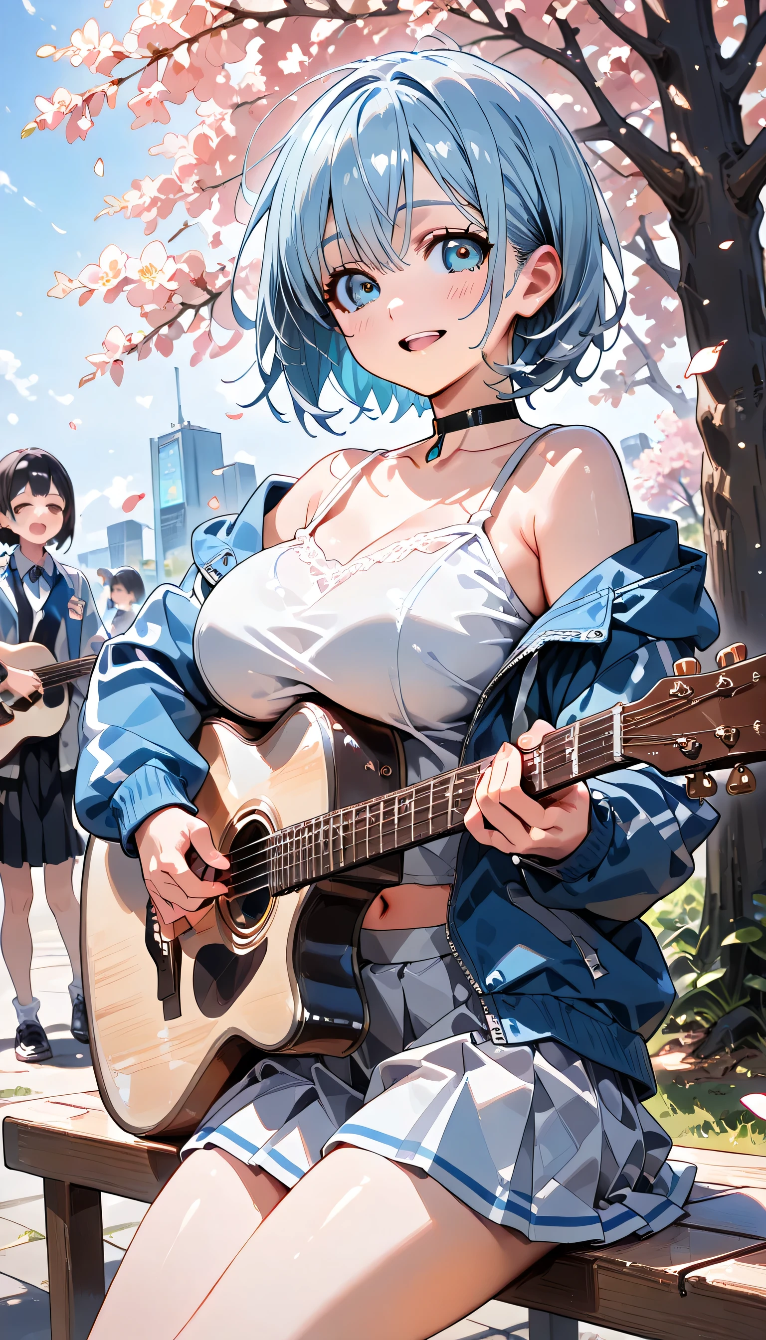 ((ultra-detailed)), (highly detailed CG illustration), (best quality:1.2), ultra-highly detailed, colorful composition, artistic photoshoot, 1girl, solo focus, ((thigh to top:1.4)), ((cowboy shot:1.4)), moe anime character, girl, dainty facial structure, (bab(round face), ((rounded chin:1.2)), ((ideal ratio body proportions)), celia-default, celia claire, (blue eyes), sparkle eyes, ((blue hair color:1.4)), ((bob hair)), ((wearring a fox mask on forehead:1.4)), fox mask, ((open mouth)), ((smile)), ((singing)), ((playing an acoustic guitar)), ample breasts, ((black choker with a jewelry in the center:1.4)), ((white sleeveless camisole)), ((impossible clothes)), ((navel exposed)), ((blue glossy parka with ferring:1.4)), ((shoulder exposed)), ((light gray pleated skirt)), cherry blossom petals dancing, sitting by under the cherry blossom tree in full bloom, beautiful detailed sky, dynamic pose, contrapposto pose, from front, best quality, masterpiece, expecting, pink cheek, blush, light pink gloss slip, portrait, depth of field, soft lighting, sidelighting, (shine), lighting, caustics, ray tracing, smile, perfect face, lustrous skin, highly detailed face, highly detailed eyes, perfect face, perfect nose, perfect hair, perfect eyes, perfect anatomy, beautiful hair, beautiful small face, extremely detailed face, beautiful detailed eyes, beautiful clavicle, beautiful body, beautiful huge breasts, leavage, breasts squeezed together, equalize the size of the left and right breasts, beautiful thin thighs, beautiful legs, beautiful fingers, ((4 fingers)), 1 thumb, lovely, (very detailed background:1.0), (highly detailed background:1.0), spring aesthetic, intricate details, joyful atmosphere, spring colors palette, chromatic aberration