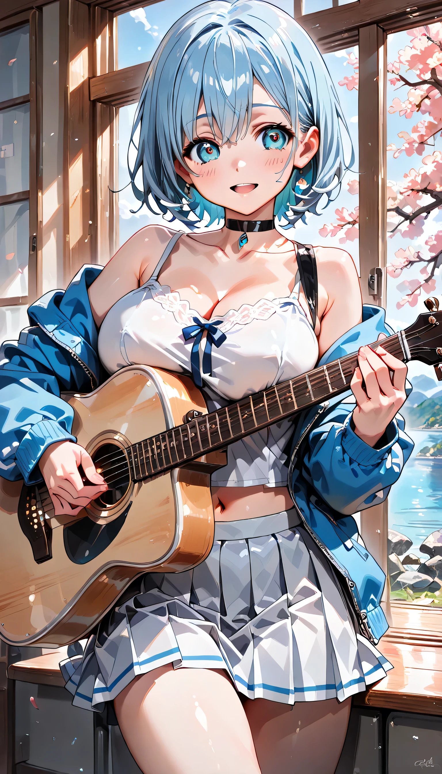 ((ultra-detailed)), (highly detailed CG illustration), (best quality:1.2), ultra-highly detailed, colorful composition, artistic photoshoot, 1girl, solo focus, ((thigh to top:1.4)), ((cowboy shot:1.4)), moe anime character, girl, dainty facial structure, (bab(round face), ((rounded chin:1.2)), ((ideal ratio body proportions)), celia-default, celia claire, (blue eyes), sparkle eyes, ((blue hair color:1.4)), ((bob hair)), ((wearring a fox mask on forehead:1.4)), fox mask, ((open mouth)), ((smile)), ((singing)), ((playing an acoustic guitar)), ample breasts, ((black choker with a jewelry in the center:1.4)), ((white sleeveless camisole)), ((impossible clothes)), ((navel exposed)), ((blue glossy parka with ferring:1.4)), ((shoulder exposed)), ((light gray pleated skirt)), cherry blossom petals dancing, sitting by under the cherry blossom tree in full bloom, beautiful detailed sky, dynamic pose, contrapposto pose, from front, best quality, masterpiece, expecting, pink cheek, blush, light pink gloss slip, portrait, depth of field, soft lighting, sidelighting, (shine), lighting, caustics, ray tracing, smile, perfect face, lustrous skin, highly detailed face, highly detailed eyes, perfect face, perfect nose, perfect hair, perfect eyes, perfect anatomy, beautiful hair, beautiful small face, extremely detailed face, beautiful detailed eyes, beautiful clavicle, beautiful body, beautiful huge breasts, leavage, breasts squeezed together, equalize the size of the left and right breasts, beautiful thin thighs, beautiful legs, beautiful fingers, ((4 fingers)), 1 thumb, lovely, (very detailed background:1.0), (highly detailed background:1.0), spring aesthetic, intricate details, joyful atmosphere, spring colors palette, chromatic aberration