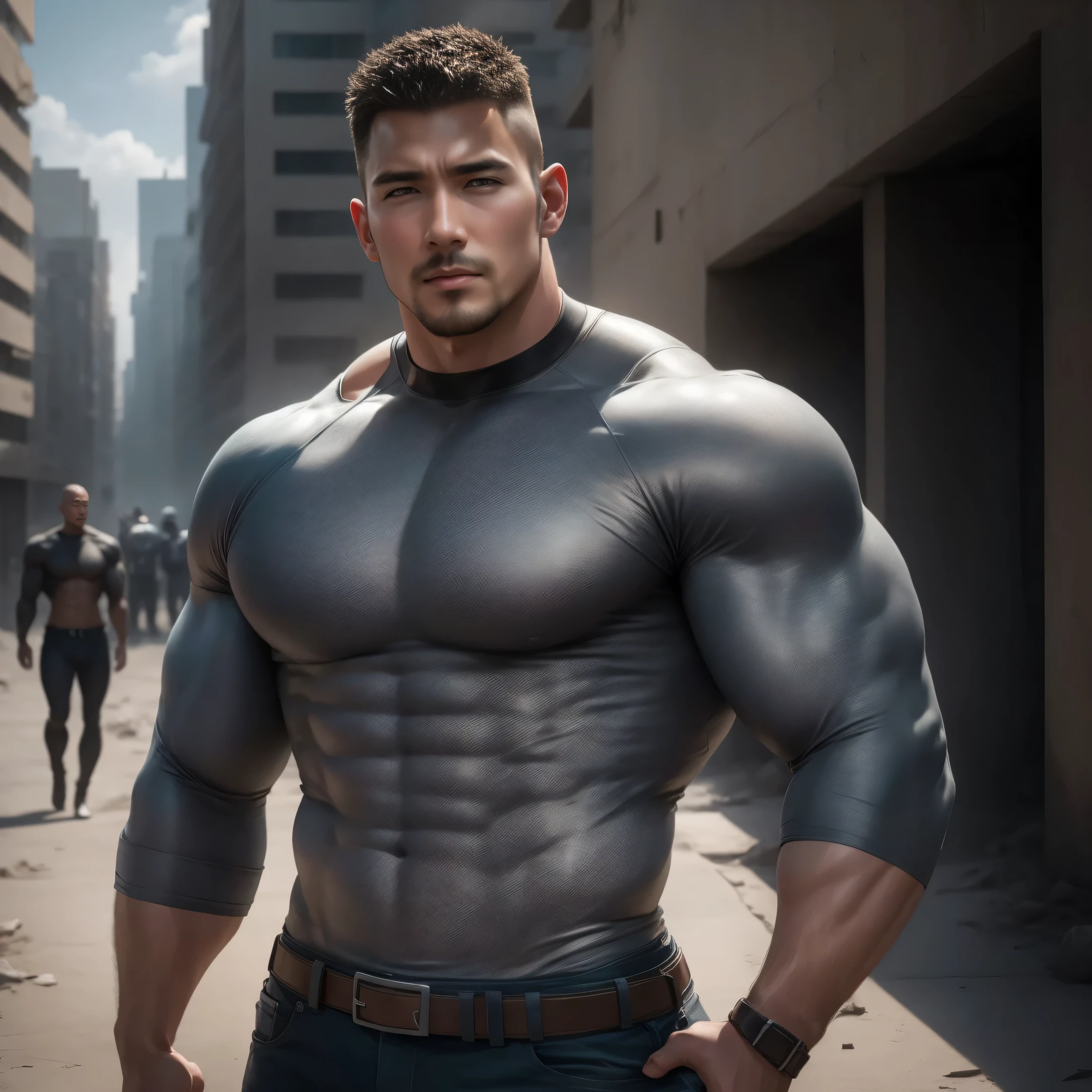 两个Muscular男人深情拥抱着, VERY STRONG ,Buzz Cut Right Angle Muscular Shoulder,Flat head,Ruins in an abandoned city in the open air, 他背靠着脏污的墙壁,Wear a high-neck, bright silver gray denim textured long sleeve tight t-shirt, Dirty body ,He has a sad expression, Lift your chin, Messy hair, thick thighs , High Aims Neck Long Sleeve Gray Brown Superhero Bodysuit, Very tight, Regular symmetrical pattern, High Aimslight muscles, 警服裤, character concept (Buzz Cut Chris Redfield) proud expression, Deep charming eyes, heroic male posture, tall Burly, Muscular!Muscular thighs, Tough Guy, Perfect facial features, High Aims, Burly, Heqiang, Super exquisite and cool, High Aims Resolution Committee, Extraordinary Charm , The sun is strong, is dazzling