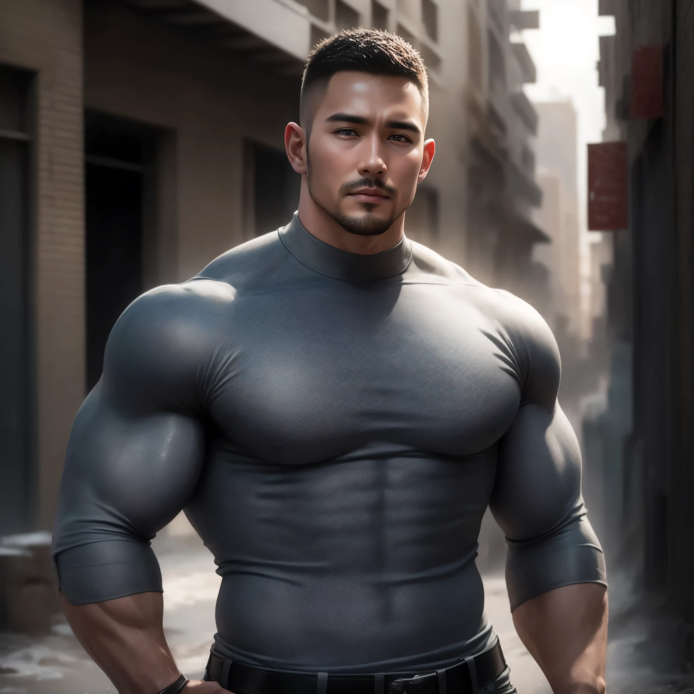 两个Muscular男人深情拥抱着,   VERY STRONG ，Buzz Cut Right Angle Muscular Shoulder，Flat head，Ruins in an abandoned city in the open air, 他背靠着脏污的墙壁，Wear a high-neck, bright silver gray denim textured long sleeve tight t-shirt, Dirty body ，He has a sad expression， Lift your chin, messy hair,   thick thighs  , Wear a high-neck, bright silver gray denim textured long sleeve tight t-shirt, Very tight, Regular symmetrical pattern, High Aimslight muscles, 警服裤,  character concept （Buzz Cut Chris Redfield） proud expression,  Deep charming eyes, heroic male posture, tall Burly, Muscular！Muscular thighs, Tough Guy, Perfect facial features, High Aims, Burly, Heqiang, Super exquisite and cool, High Aims Resolution Committee, Extraordinary Charm , The sun is strong,  is dazzling