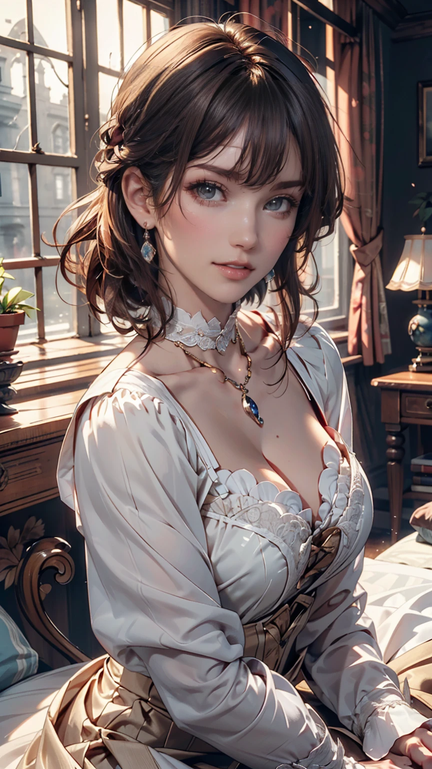 an image of a woman in a dress with a necklace on her neck and a necklace on her neck, victorian, intricate, masterpiece, best quality, highres, 4k, hdr, closed mouth, light smile, puffy sleeves, masterpiece, best quality、sultry look, seductive,
