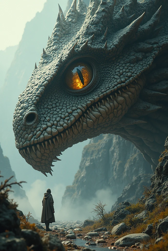 Giant dragon looking down from golden fire and ice looking about to attack or just admiring 8k realistic princess