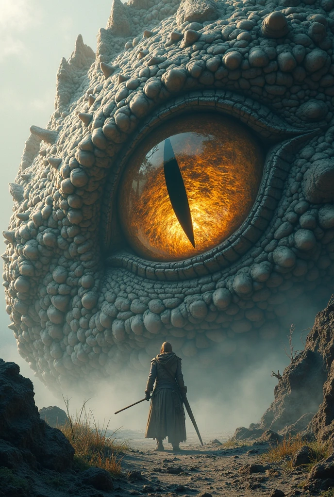 Giant dragon looking down from golden fire and ice looking about to attack or just admiring 8k realistic princess