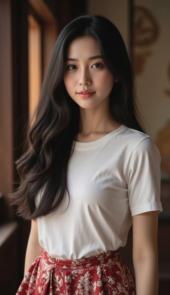 (best quality:1.4), (ultra highres:1.2), (photorealistic:1.4), (8k, RAW photo:1.2),(portrait shot:1.3), bmangpor, 1girl, solo, long hair, brown hair, upper body, armpits, arm up, white shirt, mole on the left cheek