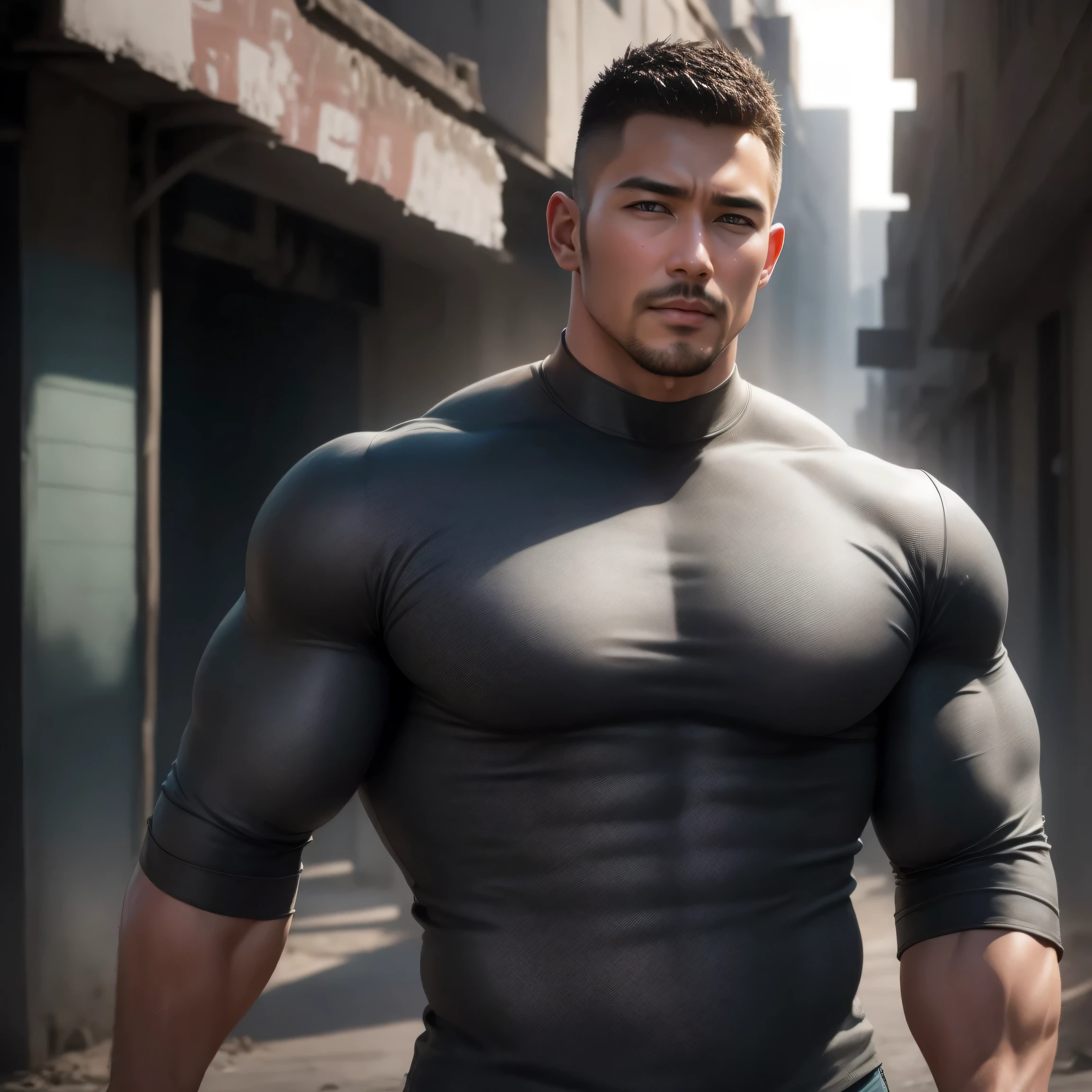 两个Muscular男人深情拥抱着, VERY STRONG ,Buzz Cut Right Angle Muscular Shoulder,Flat head,Ruins in an abandoned city in the open air, 他背靠着脏污的墙壁,Wear a long sleeve tight t-shirt with a high neck and a bright gray denim texture, Dirty body ,He has a sad expression, Lift your chin, messy hair, thick thighs , Wear a long sleeve tight t-shirt with a high neck and a bright gray denim texture, Very tight, Regular symmetrical pattern, High Aimslight muscles, 警服裤, character concept (Buzz Cut Chris Redfield) proud expression, Deep charming eyes, heroic male posture, tall Burly, Muscular!Muscular thighs, Tough Guy, Perfect facial features, High Aims, Burly, Heqiang, Super exquisite and cool, High Aims Resolution Committee, Extraordinary Charm , The sun is strong, is dazzling