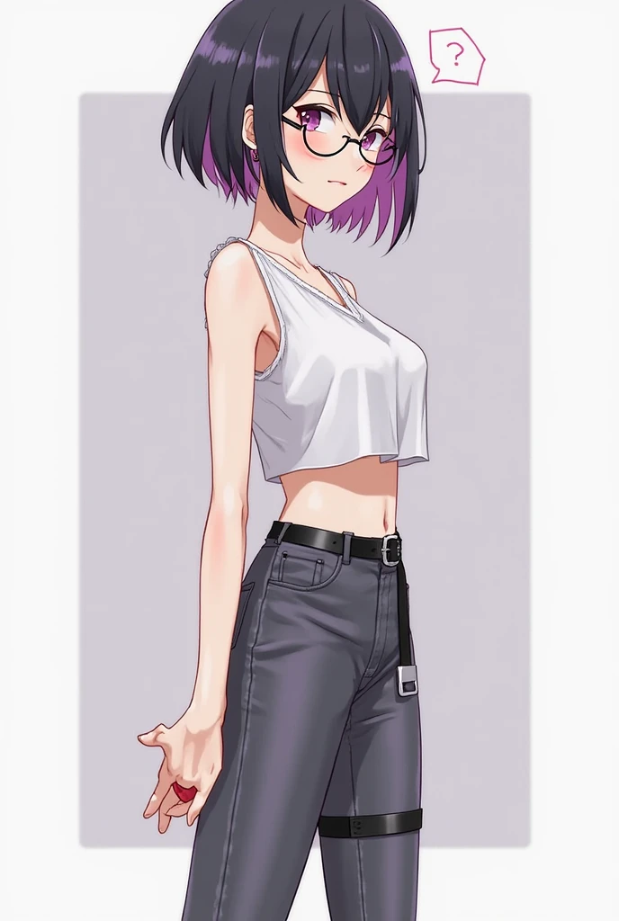 noodles (Gorillaz), masterpiece, best quality, 1girl, solo, purple hair, medium hair, looking at the viewer, bangs, basketball print, upturned nose, converse, over-eye hair, hello kitty, high tops, blush, detailed fingers, 5 fingers, sexy ass, sfw, sexy expression, seductive smile, detailed music studio background, denim shorts, small breasts, long stockings, portrait, crop top, midriff, detailed tummy