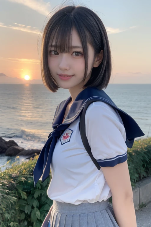 (1 Girl )、(Beautiful Japanese、18years old,round face、Refreshing、clear、seems kind、stylish、Pitiful、cute like an angel、cute、black eyes、,actress,Almond-shaped eyes,Translucent white skin、Beautiful skin), {(Japan human face:1.4)} , (((Beautiful breasts:0.4))),(((soft breasts))),(very cute),(short hair),(enchanting eyes),(highlight on eyes:1.2)、(8K、Live shooting、highest quality、masterpiece:1.2、optimal lighting)、((masterpiece)),(Photo taken by a professional photographer),(real、photo real:1.4),BREAK,{(cute Japanese high school sailor uniform),((traditional Sailor Suit:1.0))},(cheeks are red:1.3), BREAK, BREAK,Face shot:1.3、 face close-up,Looking at viewer,Lonely face,evening、Japan,evening、sunset、、cumulonimbus,A fresh breeze、Hair swaying in the wind:1.4,Beautiful Sunset,profile,Green rice fields, country roads and mountains in the distance