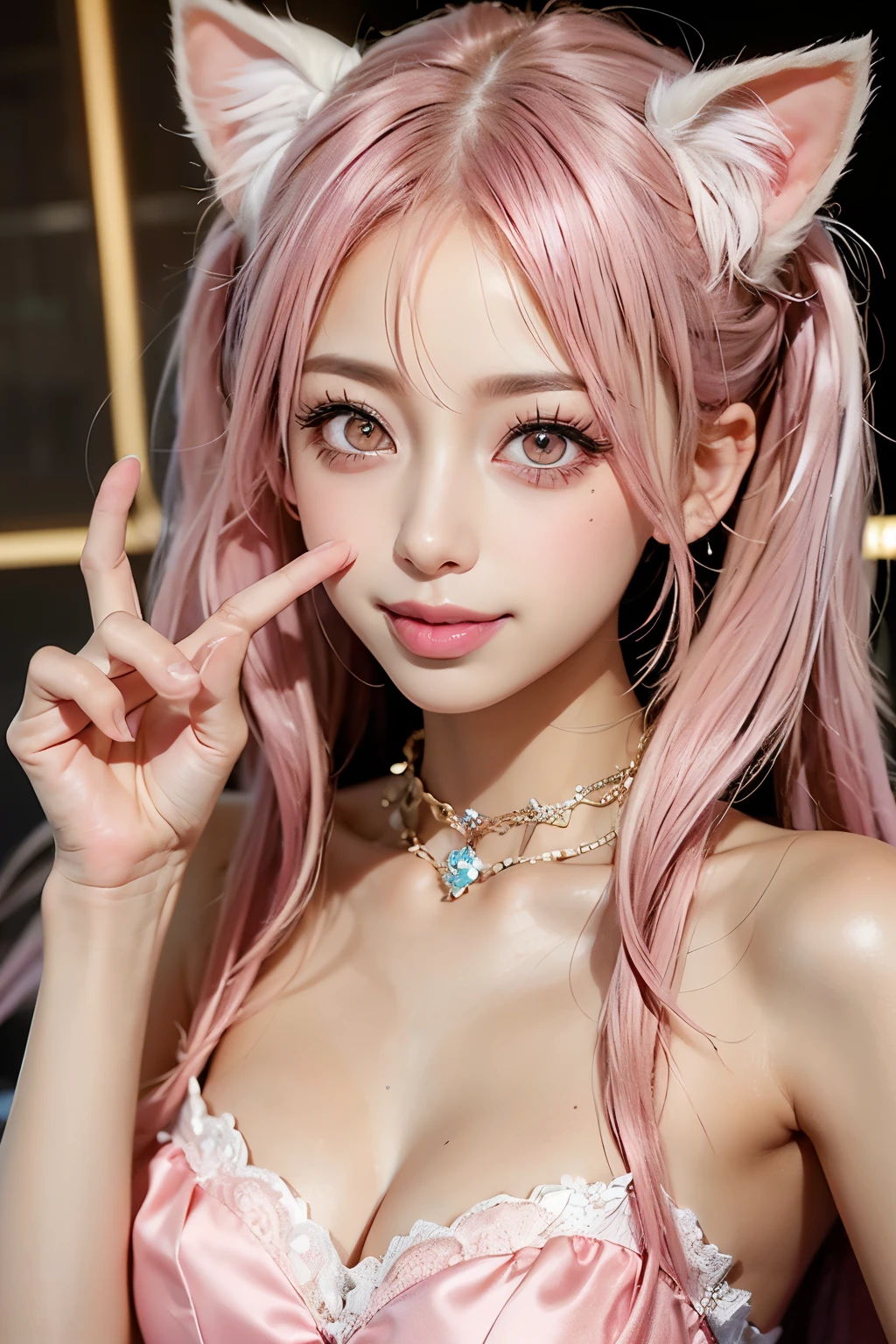 White cat ears((vertical twin-tail pink hair))Hanging eye((very not very big pink eyes))pink glossy lips 、 very lean body(fancy ruffle fantasy dress)beautiful smooth white silk skin(Princess Lolita)Beautiful, well-groomed face and accurate fingers(adult older woman1Human shot) look at viewer、smiles(Put your finger on your lips)