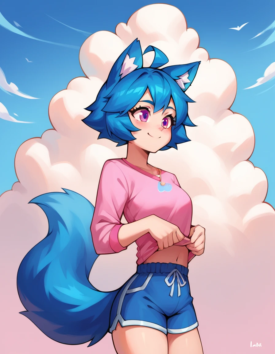 (Masterpiece) (High Detail) (High Res) A close up of a short humanoid girl with pale human skin and blue eyes and long blue hair and blue dog ears and a fluffy blue dog tail and average breasts. She is stood in a park wearing a oversized baggy rainbow sequin cropped t-shirt and a denim short-shorts. She has her hands behind her back out of shot. She has blushing cheeks. There is a pride parade with rainbow flags and rainbow clothes all around.