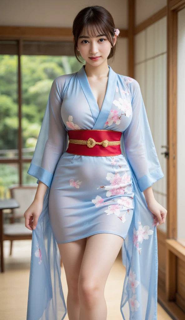 (8k,Ultra-high resolution,Highest quality,masterpiece,Realistic,Ultra-high resolution,High-quality RAW color photos,Professional photos,Realistic,Realistic),Natural skin texture,Fine skin,Hyperrealism,Intricate details,Adult women,Eye highlights,Glossy Lips,(Cute smile,Blonde short hair,Blonde Hair,bangs),(((A light blue yukata with a flashy floral pattern,Put on a yukata,geta))),((((Night Sky,Summer festival,firework,Large crowd))))Warm lighting,(Shiny skin,See-through nipples,full body)
