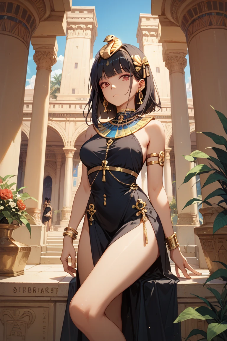 One young woman with short ink-black hair, expressive ink-black eyes, smiling pleasingly and warmly, wearing an ethereal exposing black dress and holding both her hands behind her back. Her legs are exposed. She has a lot of simple accessories like gold blacelets, a golden ring around her neck, a golden ring on her exposed thigh. Her bellybutton is pierced with a golden accessory. She radiates joy. She's in some old Egyptian temple.