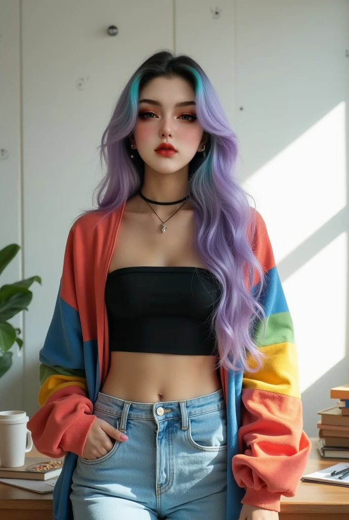 (Small lower chest,Tomboyish,small heads)),  (perfect bodies: 1.1), (short-length straight short hair: 1.1), (rainbow color hair:1.5),attractive collarbone，（极其细致的CG 8k壁纸），（Extremely refined and beautiful），（masterpiece），（best qualtiy：1.0），（超高分辨率：1.0），upper body photos，[A high resolution]，cheerfulness，Smile，Smooth and flawless fair skin，ultra - detailed ，Elongated legs，（Small breasts:1.1),Flat chest,Slim，emaciated，No bra,After bath, (rainbow color sweater:1.5),Cleavage,(white pantyhose:1.4),At home, in dinning room,Close shot,nightfall，warm light，a dinning table,(Several dishes on the table:1.3),(Lying flat on back on the dining table:1.3),Top down overhead camera perspective,cowboy shot