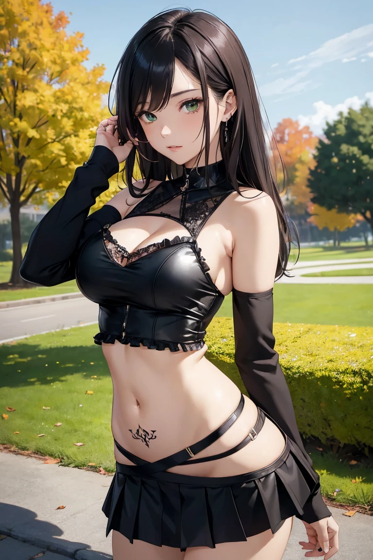 22 years old, (milf:0.8), (solo:1.5), (sfw:1.25), cute breast, beautiful breasts, medium tits,black suspenders,(Bulging ,big breasts:1.1),(Black miniskirt:1.3),garters,Gaze,Small face,bangss,holster,Belt Armament,Beautuful Women, thin waist, big ass:1.0, Raised sexy, (dark green mediumlong hair,side ponytail,hair between eyes,bangs, dark blue eyes, light smile, big , Revimpling fabric, earrings, Hand gloves, detailed face,(smoking:1.3),detailed and beautiful eyes,beautiful detailed lips,Rolling her eyes,manner,(ultra high resolution, 8K RAW photo, photo realistics, thin outline:1.3, clear focus), best qualtiy, natural lighting, textile shading, field depth (Bright pupils, fine detailed beautiful eyes with highlight:1.3, high detailed face), Red lip, fine realistic skins:1.1, looking down viewers:1.3, (dynamic angle:1.3, front view:1.1, breast focus:1.3, from below:1.2), (dynamic posing:1.5, sexy posing:1.2, leaning forward),Youghal, side lock, hair ornaments, hair band,nice,garden background,artistic rendering,Super detailed,(highest quality,4k,8K,High resolution,masterpiece:1.2),Bright colors,studio lighting ,in usa military base,
