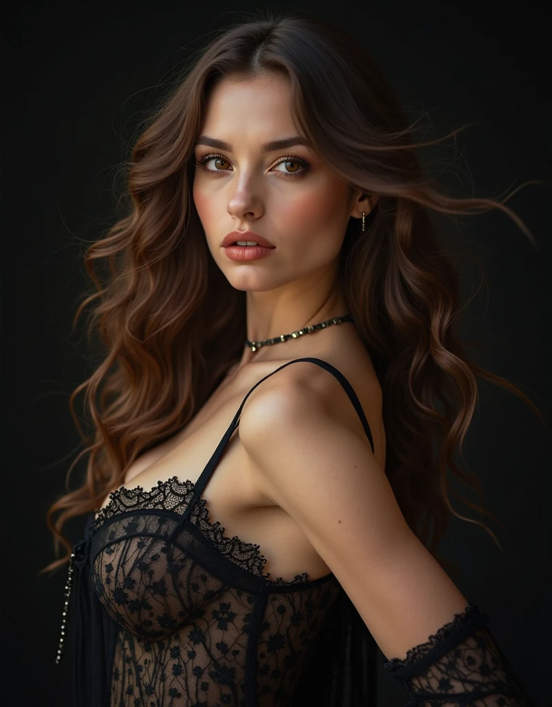 Full length portrait of sitting beautiful blonde 24 year old woman, vistiendo un vestido negro, black lingerie and leather jacket, restaurante elegante y lleno de gente, luces de vela, 50 mm cannon, noche, retrato realista, muy detallado, analog style, escote profundo, Red-haired woman, with long wavy hair, with small freckles on her breasts, big nipples and big breasts, Woman, cute, lips, RED LIPSTICK, long hair, looking at viewer, makeup, nose, realistic, full body, raw photo, studio_shot , 16k uhd, dslr, soft lighting, high quality, film grain, (Red-haired woman), with long wavy hair, with small freckles on her breasts, large nipples and large breasts, woman, cute, lips, long hair, looking at viewer, makeup, nose, realistic, solo, complete body, raw photo, studio_shot, 8k uhd, dslr, soft lighting, high quality, film grain
