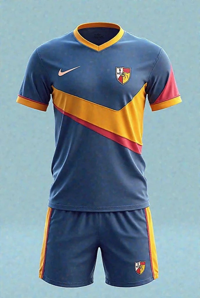 Efootball uniform in blue with golden stripes, golden details, white shorts and blue socks 