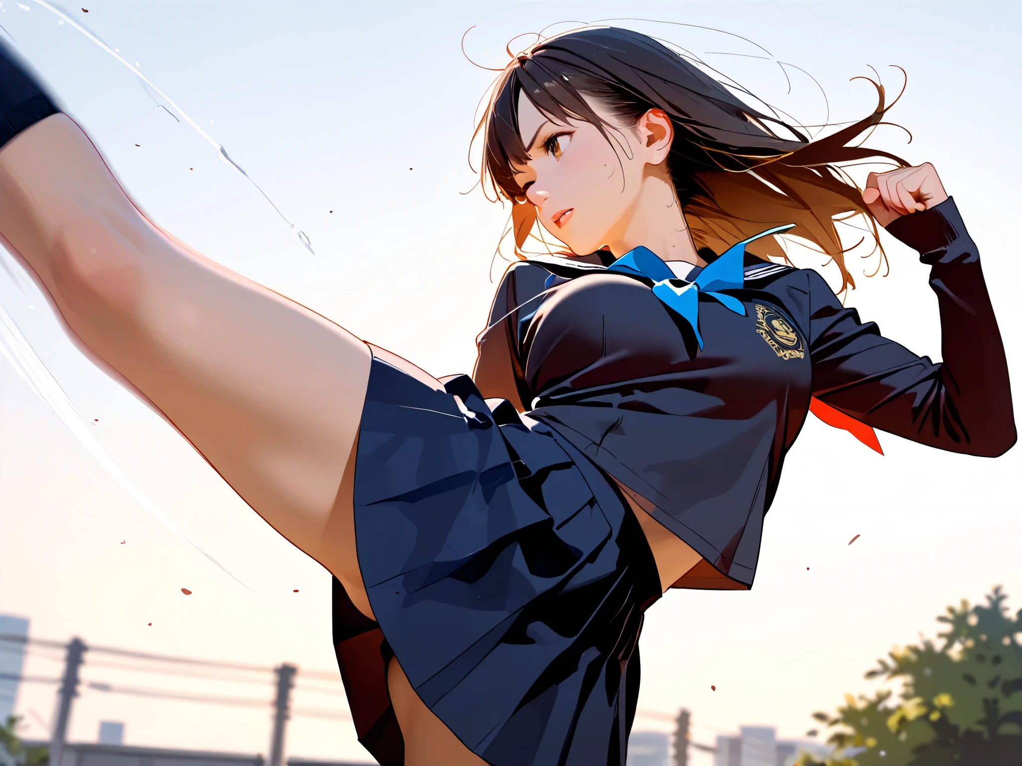 One person, Karate Stance,High Kick,Black Hair, ponytail, Slim body,Small breasts,Bad mood, Slanted Eyes, Character profile, Vanishing Point, Ultra Wide Angle,High school uniform,Navy blue blazer,White blouse,Orange bow tie,Long grey flared skirt,Navy blue knee socks,Japanese illustration style, Don&#39;t make them muscular,