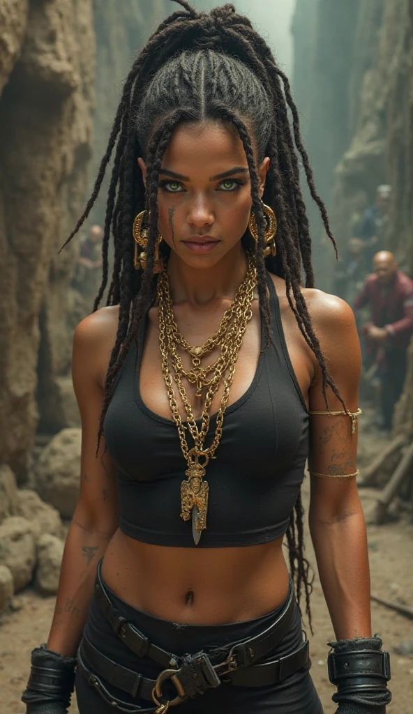 (Zendaya:Halle Berry) dressed like a nigerian chaman, red green and yellow sleeveless tunic, (high top fade haircut and dreads) tribal tattoo in the face, (golden rings necklace), Lovecraft atmosphere, masterpiece, hyperdetailed