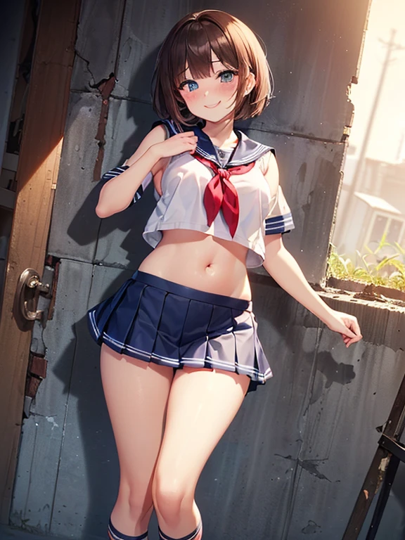 (High quality, High resolution, Fine details), Realistic, ((skirt lift)), ((show off panties)), school uniform, playful expression, soft lighting, feminine, ((short skirt)), white blouse, knee-high socks, curly Light brown hair, innocent smile, confident pose, natural makeup, blush on cheeks, warm sunlight, summer breeze, fun atmosphere, solo, Curvy women, sparkling eyes, (Detailed eyes), grin, Sweat, ((((tanned skin)))), Oily skin, Shallow depth of field