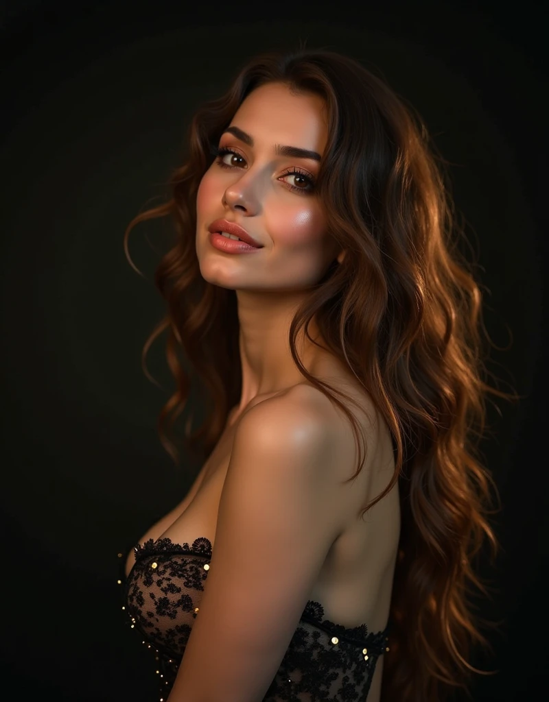 A beautiful and attractive woman, with very long messy hair,  beautiful make-up,, surrounded by a misty atmosphere. A charming and feminine woman And stunningly beautiful, She wears a sexy dress, On a moonlit, starry night
