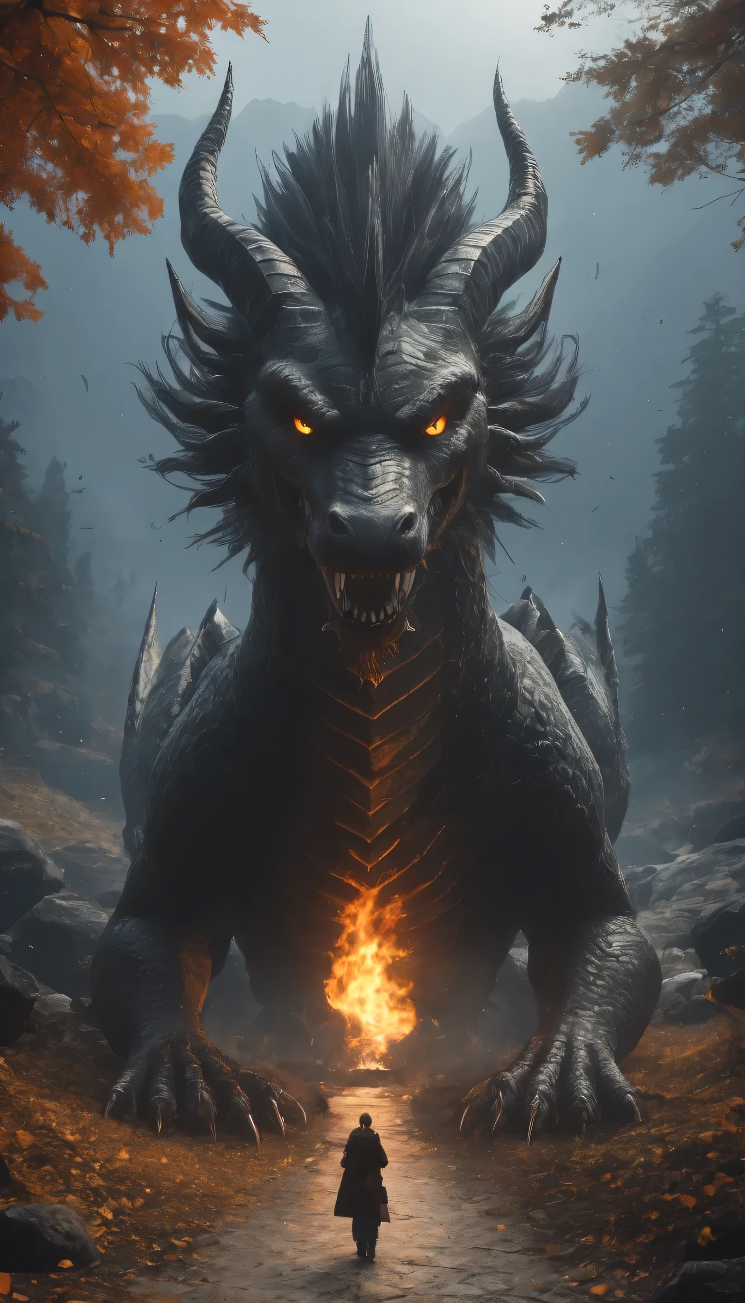 Hi-Res Images、Fire breathing dragon、(Extremely Thorough CG Unity 8K Wallpaper)、 highdefinition images、Spring Leaves、Complicated Valley、Thin Fog、Award-Winning Photos、Color Difference、Thoroughly Impressive Dragon、high image quality、Dragon God Is Human々Friendly、Many Colors、Detailed River Flow、popular on ArtStation、Volcano with an ash plume on the back。、