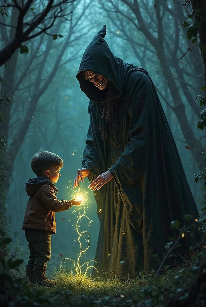 A Person who wearing long coat with white shirt, holding a glass ball from where a electricity sparkle from it, near a kid boy