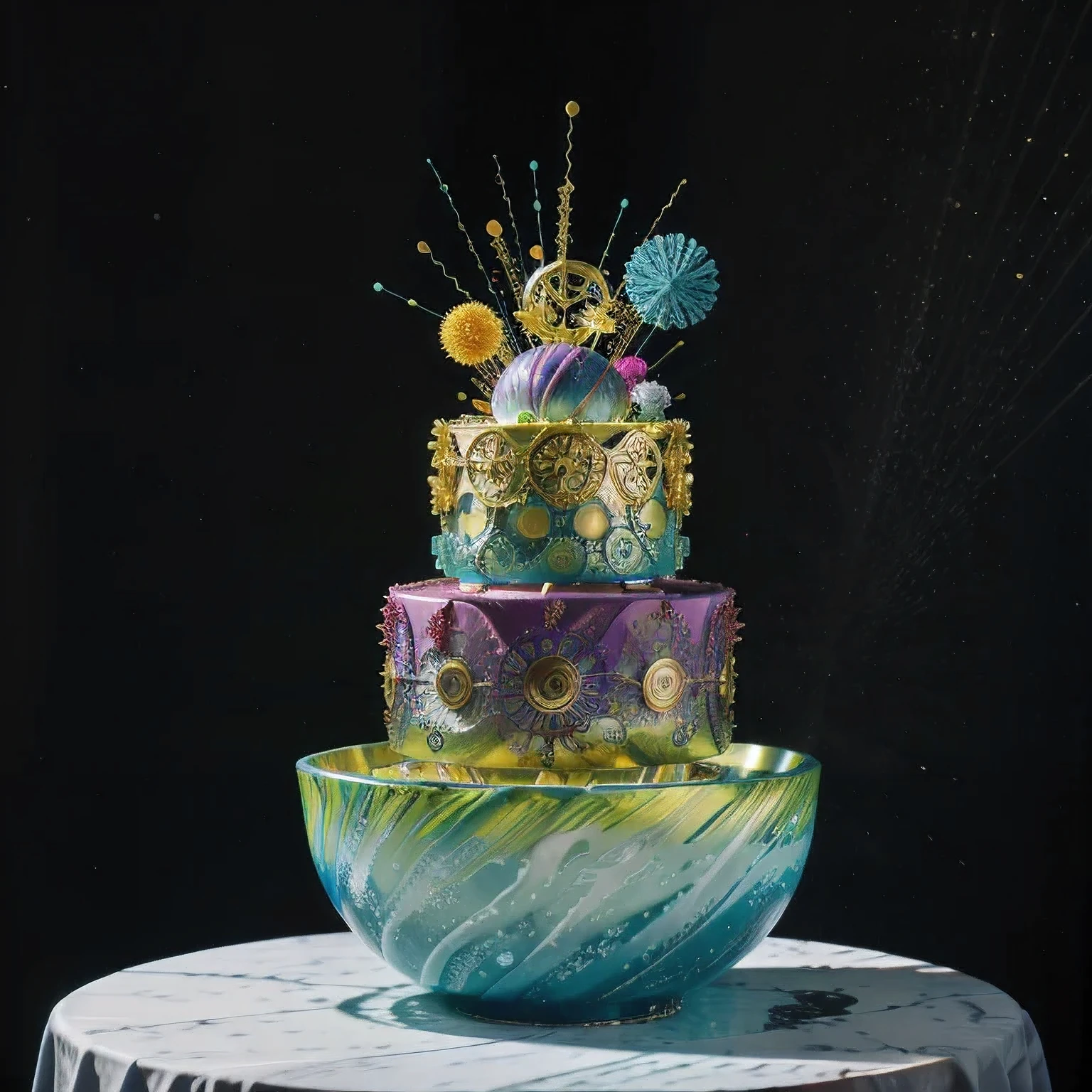 Seabed ice sheet background,detailed armor, ornate headdress, samurai helmet(((Dynamic rotating concentric circles)))(Dynamic rotation of concentric circles)Mandala is the result of the long journey of creating concentric circles of liquid color, there is a glass bowl with a green and purple swirl inside, simulacrum of a space fungus, alien flower, distant nebula are glowing algae, inspired by Otto Piene, inspired by Earnst Haeckel, top down extraterrestial view, covered with ferrofluid. dslr, translucent algae ornate, the eye of the universe, anatomical fractal,which interact through transparency, refraction, reflection, and collision. The ultimate goal is to showcase unique, detailed, and aesthetically pleasing images that capture the audience's attention through their initial visual impact and stunning details in liquid interactions,there is a cake with a red and yellow center on a blue plate, inspired by Otto Piene, victor antonov, culinary art photography, inspired by Graham Sutherland, colorful ferrofluid armor, inspired by Anish Kapoor, alexandra fomina, david kassan, by Jan Rustem, rudolf is hired, sergey krasovskiy, kai vermehr