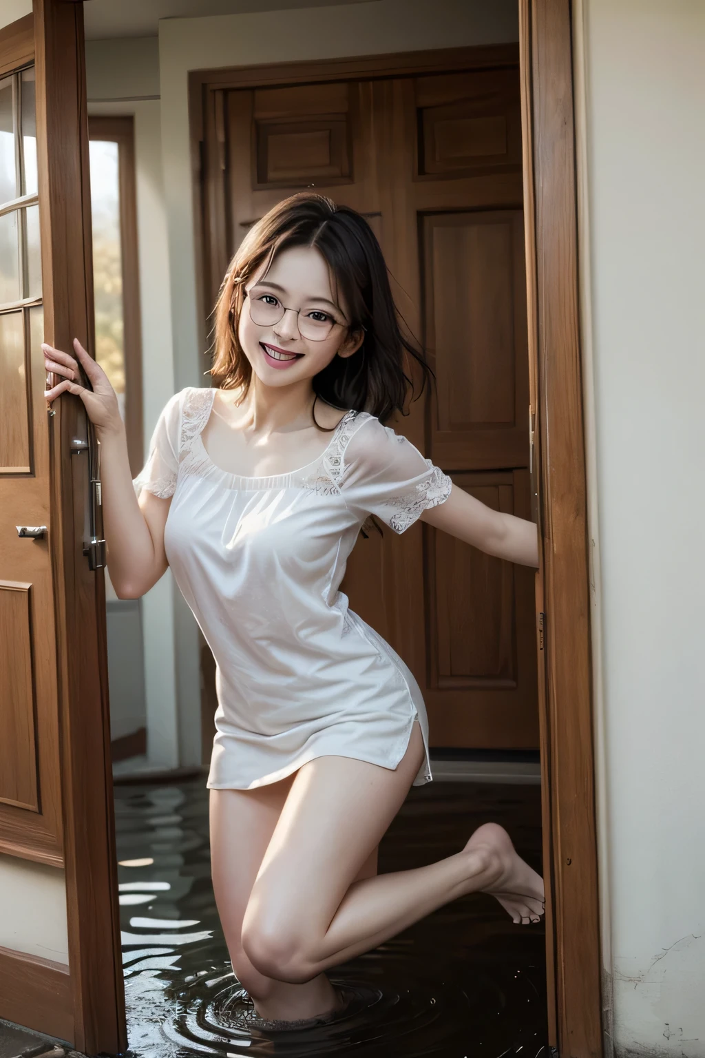 Woman 18 years old in a cottage room, breast size is D cup, summer dress, smile, brown hair, bob hair, Boston-shaped glasses,