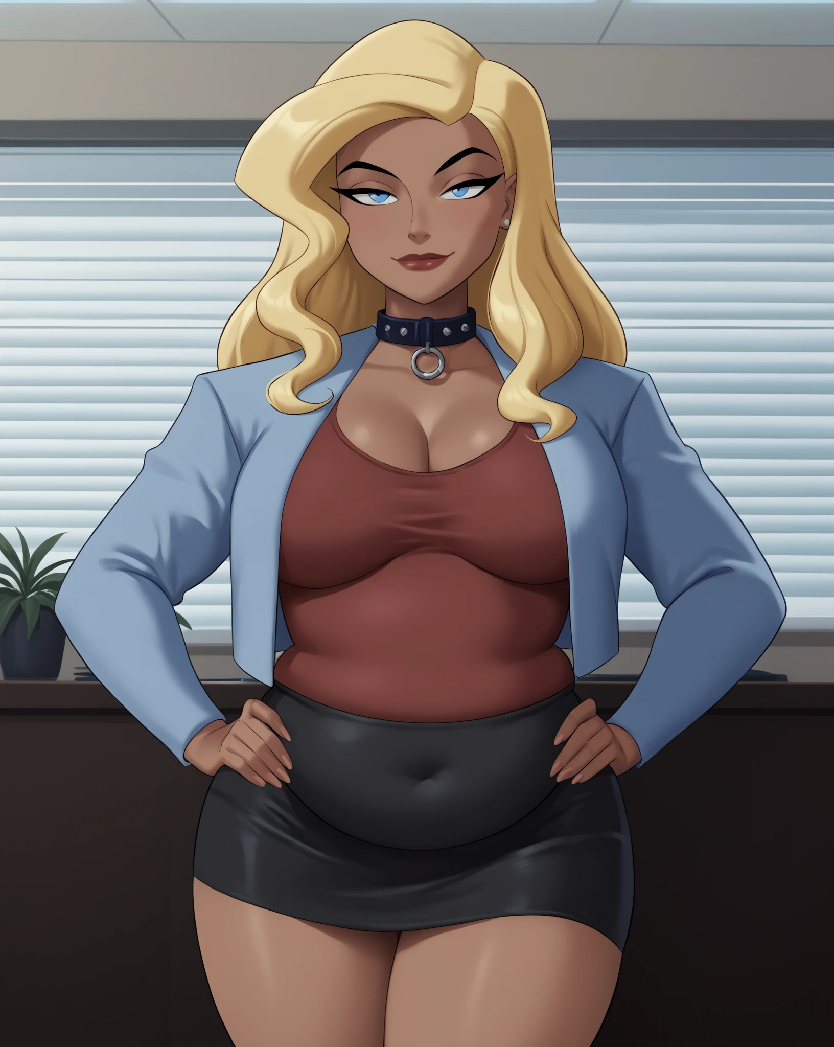 Thin woman, age 25, 4K (High definition), beautiful smiling, seducing gaze, teacher wearing a white social shirt (of buttons) with V-neck and long sleeves, brown belt with a black social skirt, Caucasian skin, round glasses, blonde hair with ponytail, sitting in a chair, full of curves, with hair on his chest. Marvel style high quality, white background.
