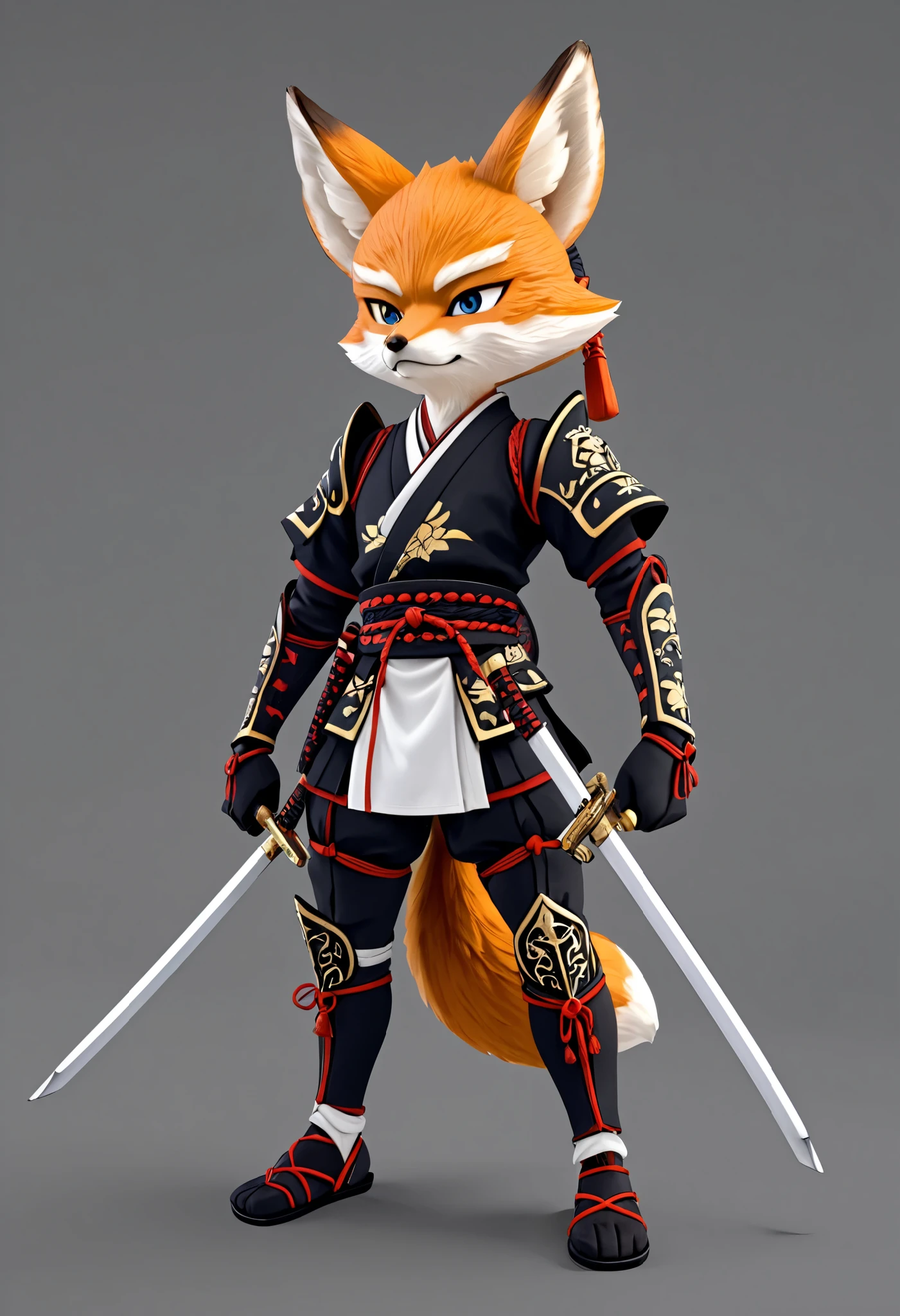 (((Best quality, 8k, Masterpiece: 1.3)), ((best quality)), ((masterpiece)), (detailed), perfect face, Fox boy standing on two legs, anthropomorphic, samurai, two-sword style, fox ears