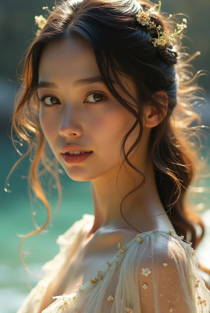 masterpiece,best quality,ultra detailed,highres,high-resolution,4k,realistic,RAW photo,((real person)),portrait photography,photorealistic,detailed skin,(delicate black eyes ), A soothing woman with sagging eyes,Calm and calm, middle hair,skinny,clothing,The wind is blowing,tareme、(gigantic breasts)、