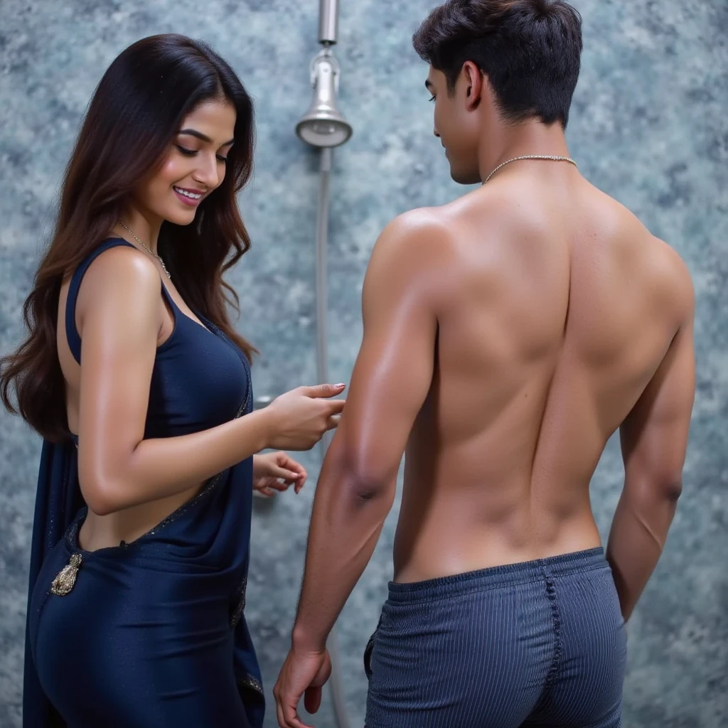 Priyanka is 35 yer old Indian wife, with almond-shaped eyes, warm brown skin, layared black hair that often cascades down to her shoulders. Her has hourglass figure, with 38DD size breasts, a thin waist, round, wide butt, wearing a loosely worn, navy blue sari and low-cut blue blouse that shows cleavage. She is standing and peeking at a handsome, muscular young Indian Man who, he has a fair skintone and muscular back, as he is showering naked. [[UHD]], [[4K]].