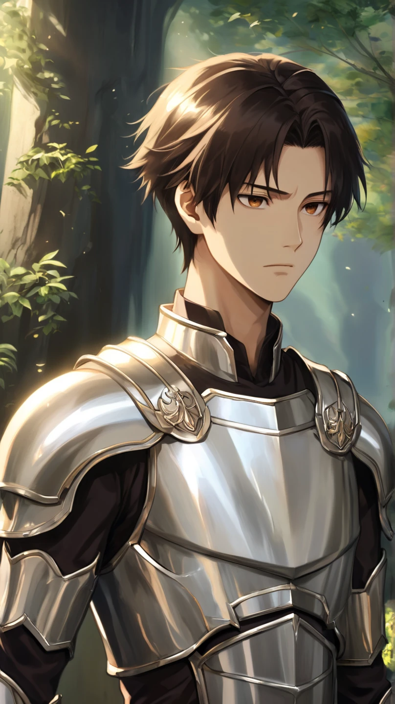 620319897 Anime Boy,  long dark brown hair falls sideways, brown eyes eyebrows, Face that donotes seriousness, He wears silver armor that radiates purity 620319897