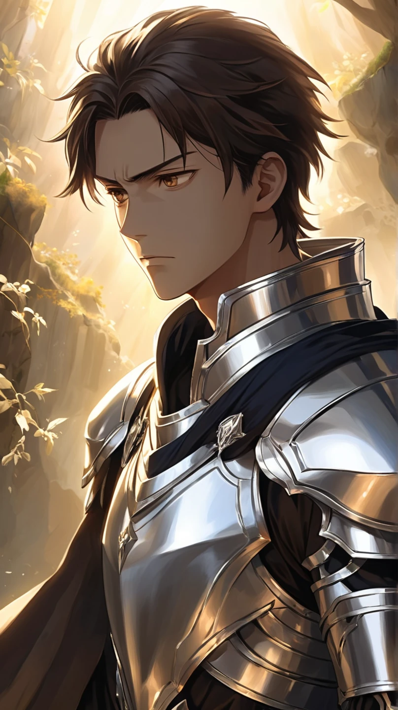 620319897 Anime Boy,  long dark brown hair falls sideways, brown eyes eyebrows, Face that donotes seriousness, He wears silver armor that radiates purity 620319897