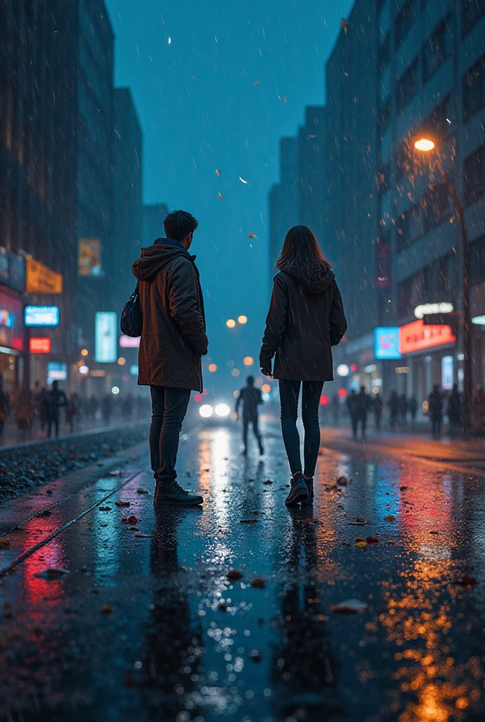 outdoor romantic rainy city night couple on a bench low angle ambient city glow bokeh effect & lens flare shallow 4K --ar 2:3