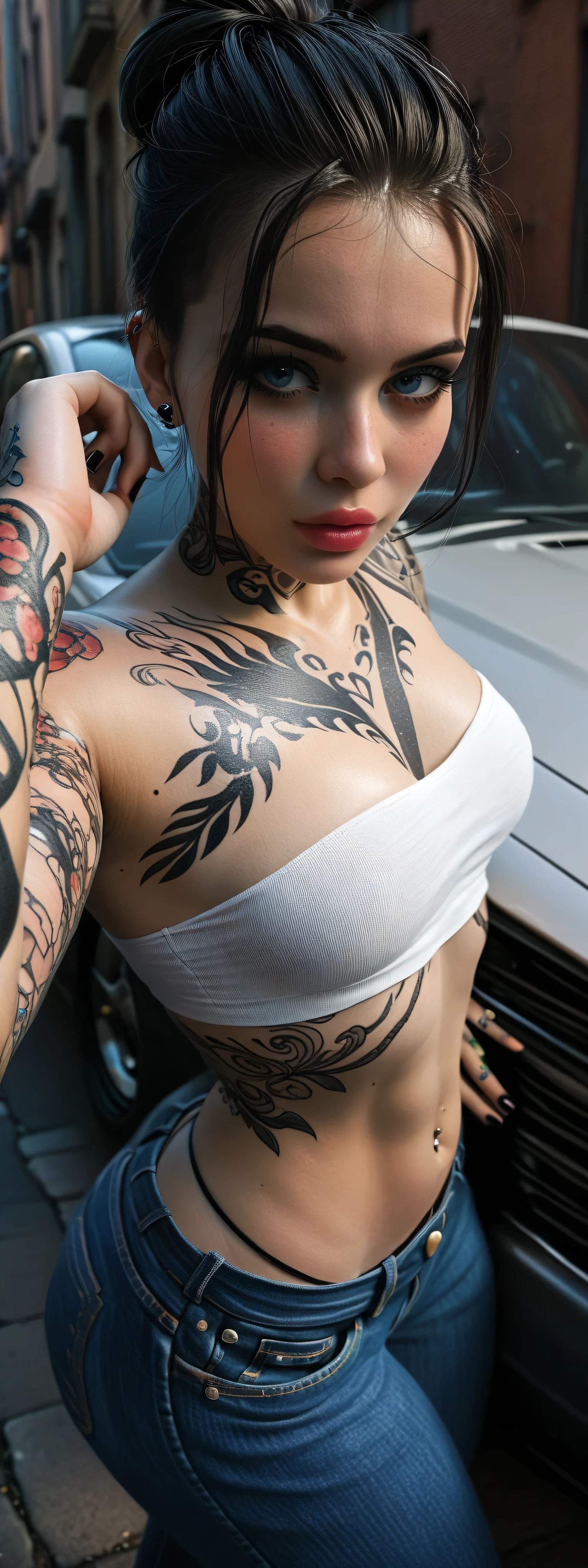 Adorable 21 year old goth girl, small breasts, perky breasts,posing by an an old classic car in an alleyway,wearing skinny low waist jeans, string thong,cropped tanktop, hightop Converse, wide hips, Thick thighs, Big ass, Makeup, cateye eyeliner, heavy eyeliner, big eyes,almond shaped eyes, light blue eyes,(light freckles:1.3),fully lips, Thick lips, manicured nails, black nail polish, (body covered in classic tattoos:1.7),Dynamic pose,Seductive pose,Dynamic angle,close-up portrait,SFW,