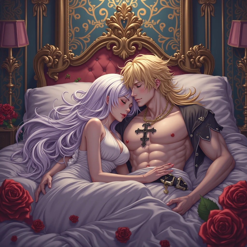 Couple sleeping together in bed. Girl with very long white hair with purple. Blond pirate boy with very long hair. Large cross necklace. Sensual anime.  elegant room . Roses and Skulls.