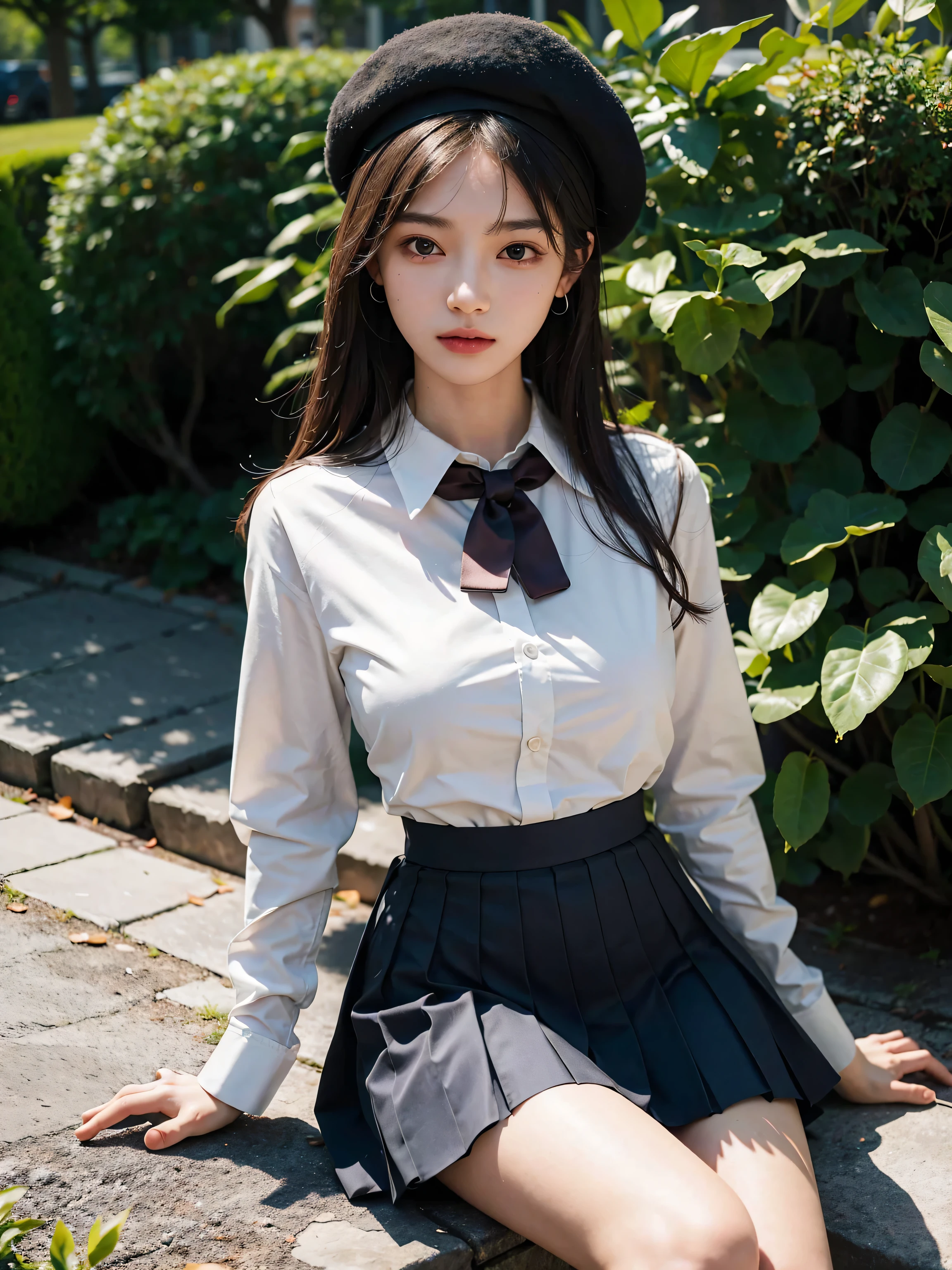 1 girl with shiny skin,best qualtiy,tmasterpiece,(Photorealsitic:1.4),breast enhancement,reality,8K quality,Super detail,fine detail skin,Movie Angle,cinematic textures,Movie lighting,Masterpiece,Best picture quality,black lence stockings ,wearing skirt and high socks, of a schoolgirl posing, School uniforms, realisticlying