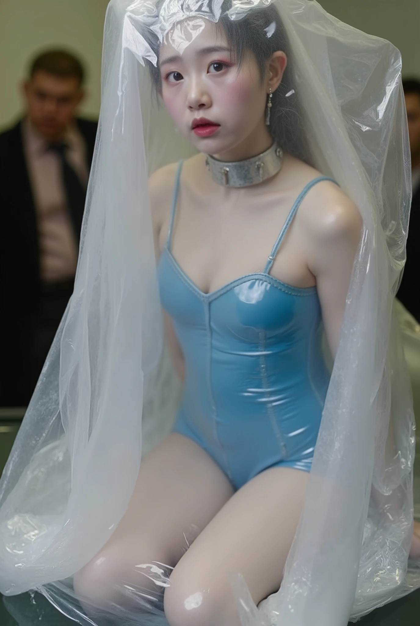 Score_9,Score_8_Climb,Score_7_Climb,Source_ true, Rank _ safe ,high definition image,8k, trueistic,photo- trueistic, Very good work,cylindrical swimsuit, Best Quality, intricate details,(((Transparent light :2))) ,( shiny skin :1.8), sharp focus, 1 girl , (perfect anatomy, Perfect hands ),Detailed Face, Beautiful eyes , cute nose ,The transparent plastic bag has a rope tied around the mouth of the bag and sealed without a seam on the glass table, on the glass table in the art museum, people look at it.. In a plastic bag, there is a young woman, facing the camera, kneeling inside .The girl is a person Japan, Shiny Golden Hair , Age 22 years , height 165 , Proportion 33 20 34. Queen racing suit、Light Blue Latex Tupit Swimsuit 、 White skin、Good style、 Straight hair、 Very short latex skirt、((big breasts:1.4))、bikini below chest、earrings, hair clip, Metal Collar ,Transparent Latex corset,thigh bands,Metal Ballet shoes、Futuristic 、 High leg panties、 She seems to have difficulty breathing , sexual pleasure , Sweat breathing girl . . Her face is red and filled with tiny grains of sweat due to the heat... the girl's hair is wet with sweat .She is handcuffed behind her back on both sides. Full body side view 45° .