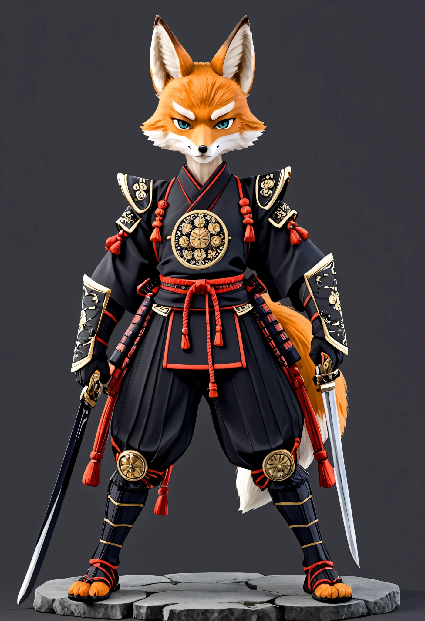 (((Best quality, 8k, Masterpiece: 1.3)), ((best quality)), ((masterpiece)), (detailed), perfect face, Fox boy standing on two legs, anthropomorphic, samurai, two-sword style, fox ears