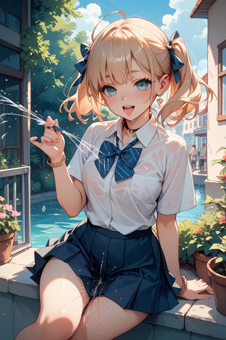 Master Pieces, With the highest quality, Ultra high definition, The highest resolution, Super Detailed Anime Super Detail,  watercolor paiting、Sateen、、a park、Hydrangea flowers、a sailor suit, 1 girl, 
full body Esbian 、High school students, middlebreasts, Very cute, (See-through: 2.0), thong, (long white gloves up to elbows : 1.5), (Wet in the rain: 1.5),　a blond,  Twin-tailed, green colored eyes