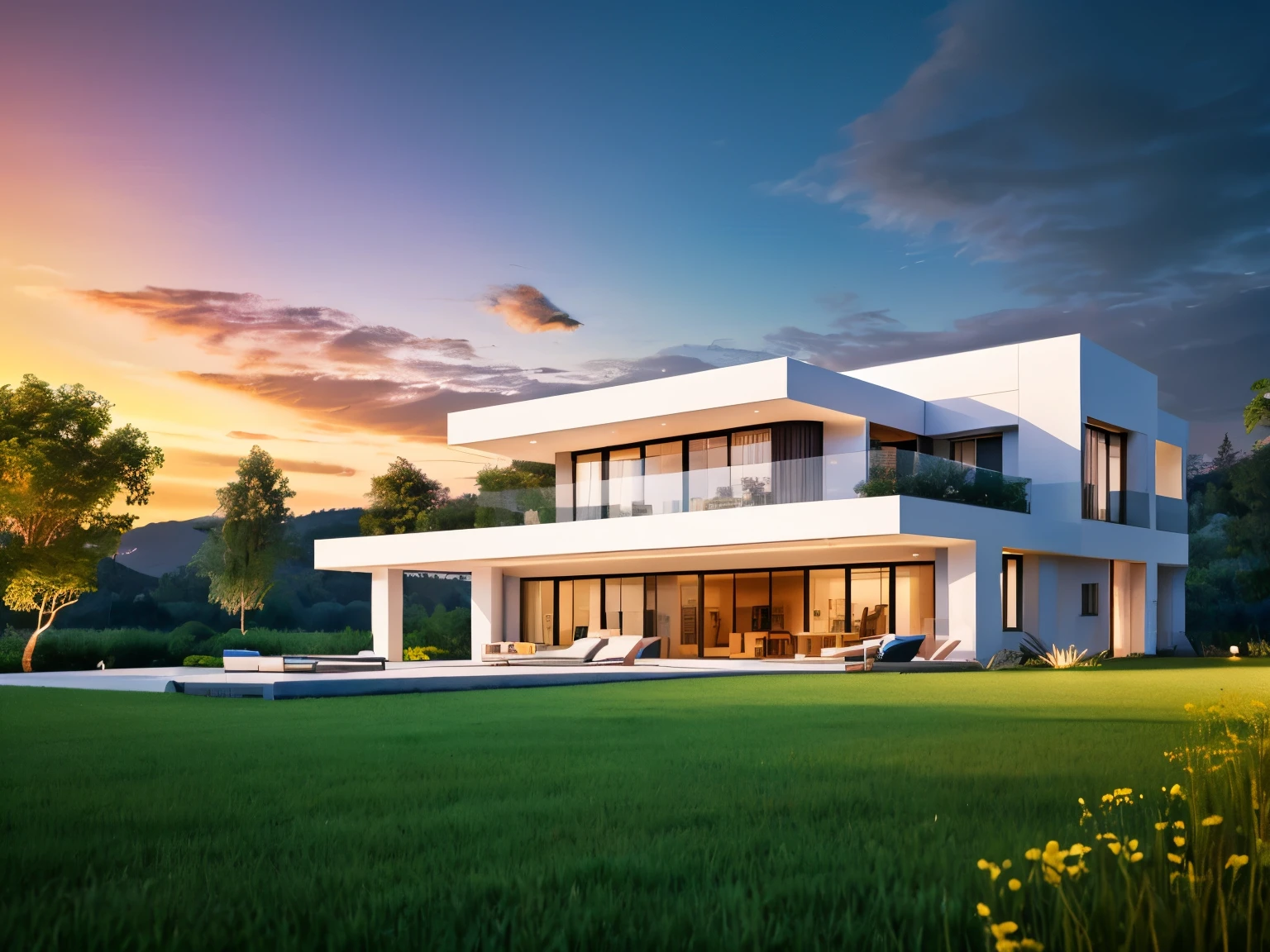 A optimistic and futuristic modern style house with white walls and blue windows, beautiful house, optimistic, backyard with green grass, mountains at the background with some clouds in the sky, clean sky, clean air. Forest behind the house, futuristic city with tall skyscrapers, night time, sunset