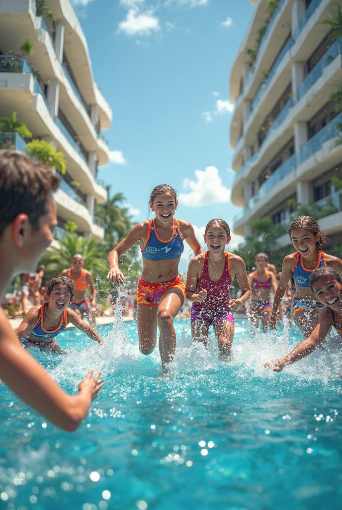 
italy. Young boy ars old in swimsuit pants doing selfie,  in water park. next to him a group of chills in a two-pieces swimsuits