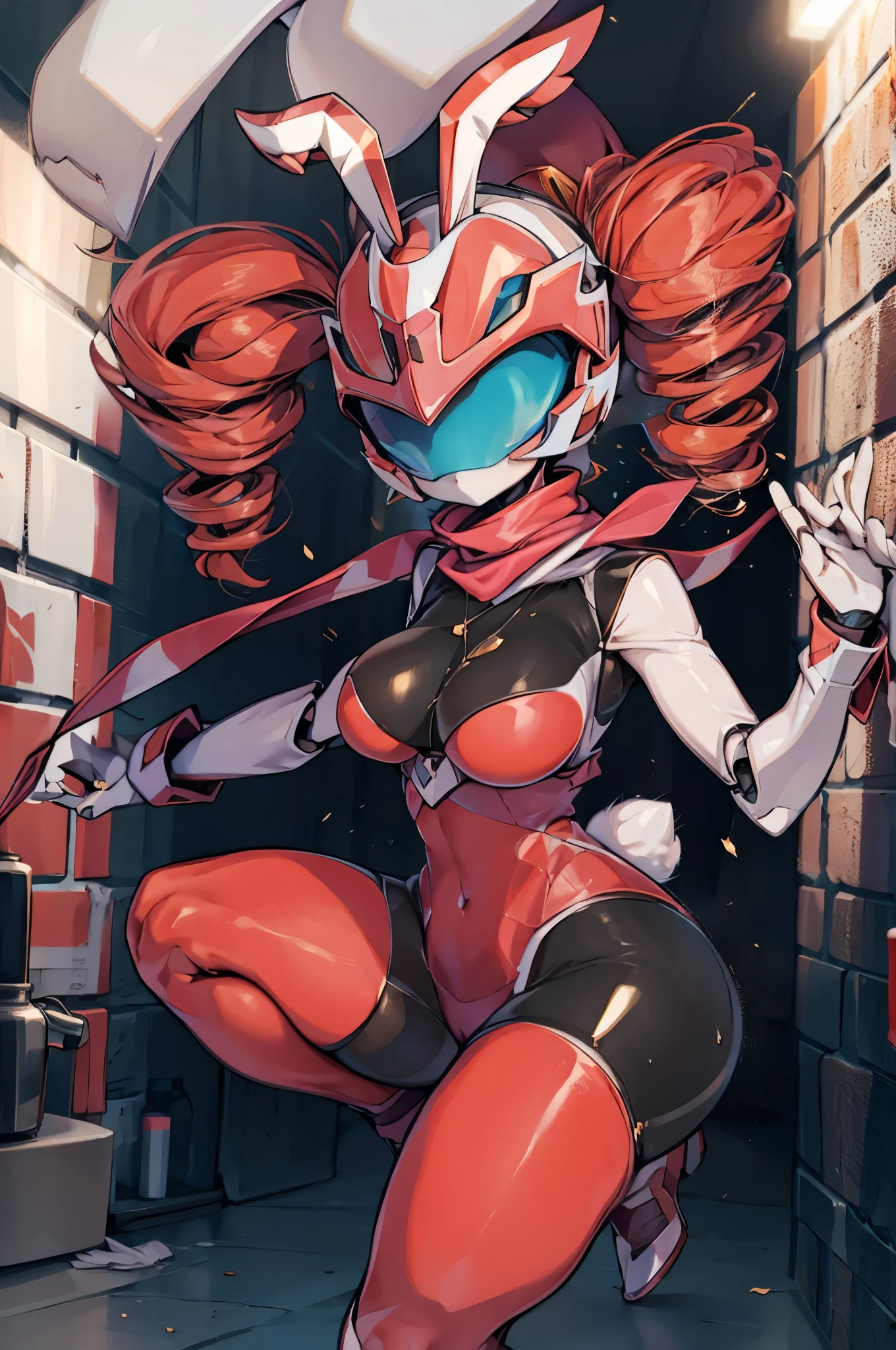 Bunny Girl,红发Bunny Girl,红色头发的Bunny Girl,redhead double ponytail,redhead twintails,white skin,white gelatine skin,white tights,机械helmet,包裹整个脑袋的helmet, and has no eyes, and has no eyes, and has no eyes, and has no eyes,Mechanical Rabbit Ears,helmet,helmet,scarf,scarf,scarf,Red rabbit ears,Mechanical Rabbit Ears,红色Bunny Girl服装, thick thighs ,Thin waist and wide hips,Slender figure,The golden ratio divides, Fleshy Thighs ,greasy thighs,Oily texture