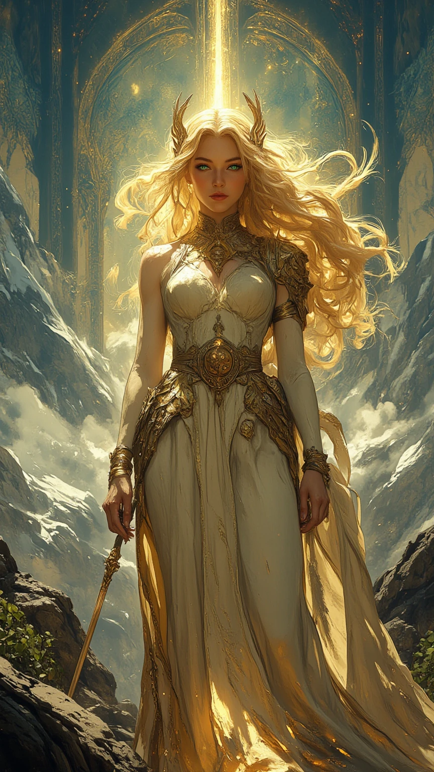 (best quality,4k,8k,highres,masterpiece:1.2),ultra-detailed,(realistic,photorealistic,photo-realistic:1.37),Nordic Goddess,long blonde hair,fierce blue eyes,warrior goddess,strong and confident,detailed face expression,beautiful and toned body,nude,side view,feminine and powerful,graceful pose,standing on a rocky cliff,breathtaking landscape in the background,mysterious mist enveloping the surroundings,sunlight filtering through the clouds,casting a golden glow,her long hair flowing in the wind,dressed in golden armor,ornate engravings and intricate details on the armor,flowing cape made of white feathers,resembling angel wings,powerful sword held firmly in her hand,aura of divine light surrounding her,body adorned with elegant Nordic tattoos,each symbol telling a story of her strength and wisdom,dream-like atmosphere,with ethereal colors and soft transitions between light and shadow but still maintaining vibrant tones,touch of cold blue and silver hues to reflect her Nordic heritage,subtle but dramatic contrast between warm and cool tones,expressing the duality of her character,creating a sense of awe and reverence.