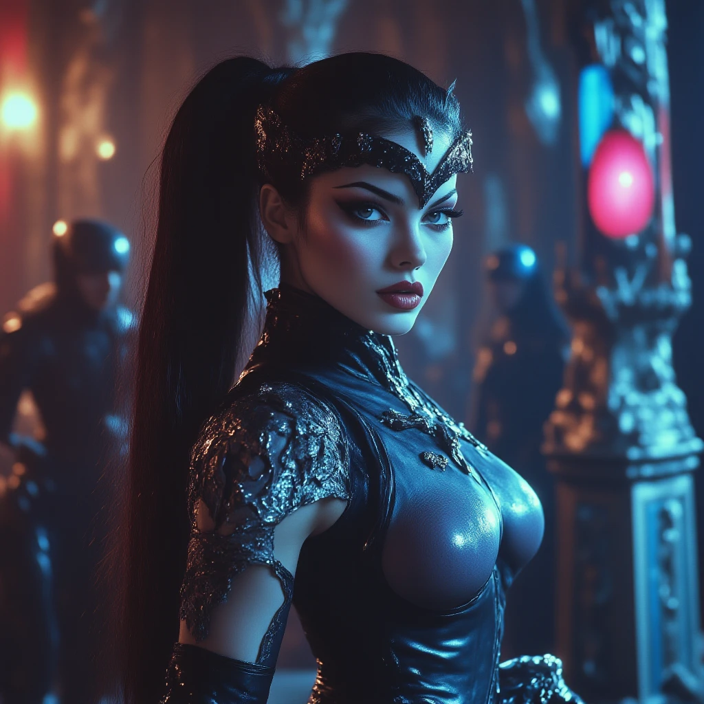 A full-body portrait of a seductive female cyborg, with an extravagant headpiece resembling an ancient crown with futuristic elements. She has long legs and a curvaceous figure. Her face has sharp features with metallic inserts. Her outfit is made of transparent material with integrated glowing lines. The background depicts a post-apocalyptic world with ruins and remnants of technology. She is raising one hand upwards as if addressing an audience or controlling something.