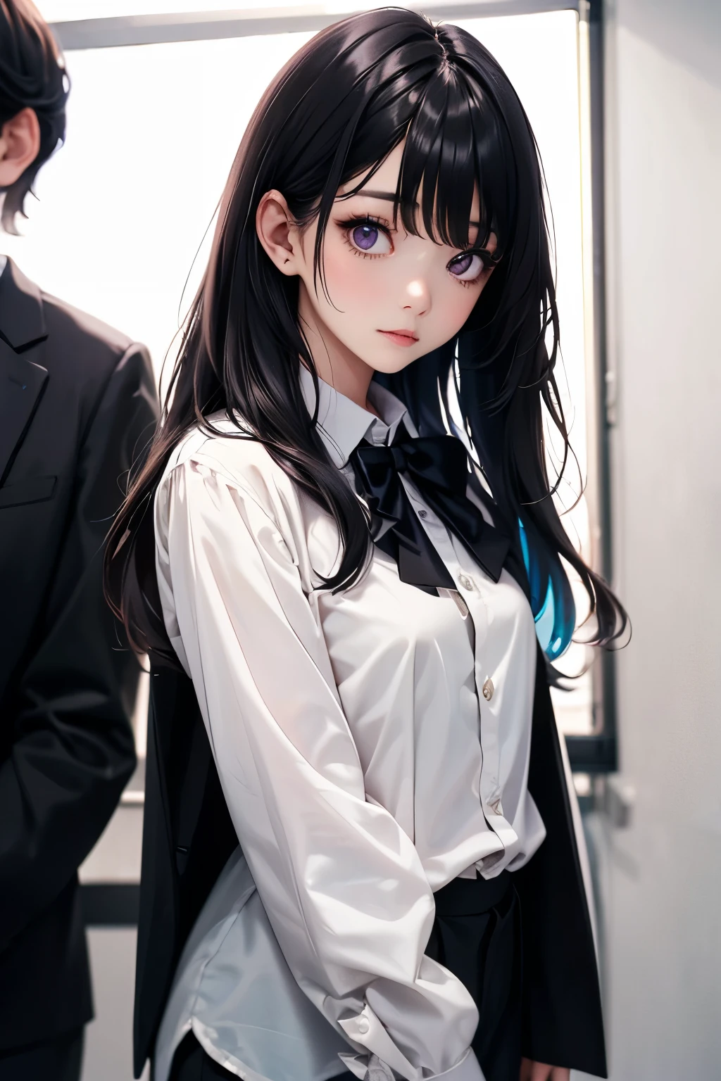 woman、bangs、long black hair、purple eyes 、white blouse、bow tie 、black Tailored jacket 、standing、photography studio、Colorful、high quality、high image quality
