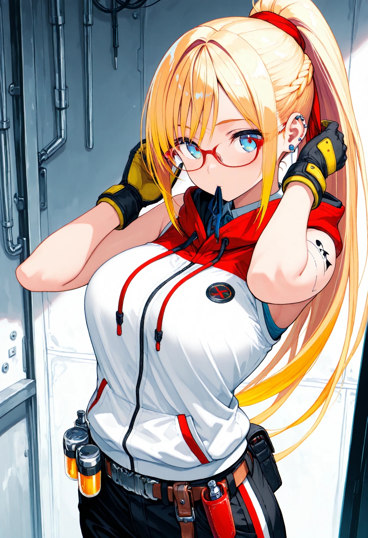 Chisato, 1 girl, bang, in room, short hair, smile, One, standing, sexy pose, Medium breasts, red uniform, garter belts, stocking, hands behind, red side tape, recoil uniform lyrcoris,
